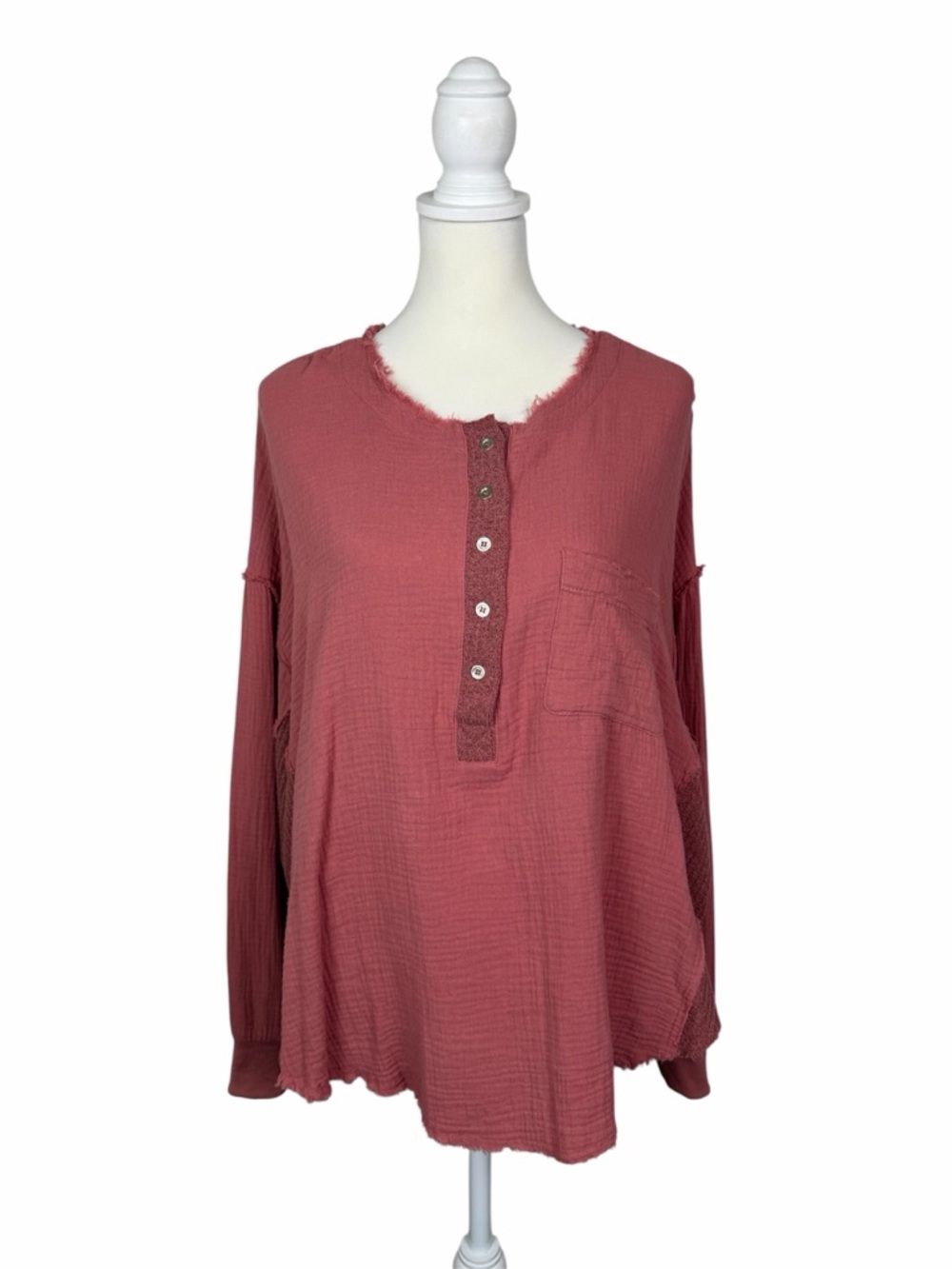 AEMI + CO Rust Gauze Cotton Blouse Small NWT Boho Raw Edge Henley Long Sleeve